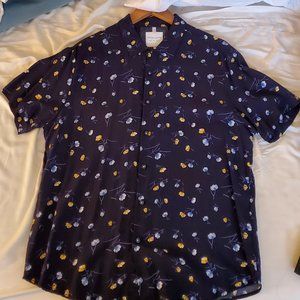 Blue Rayon Button Down Short Sleeve with Floral Pattern Size Large L